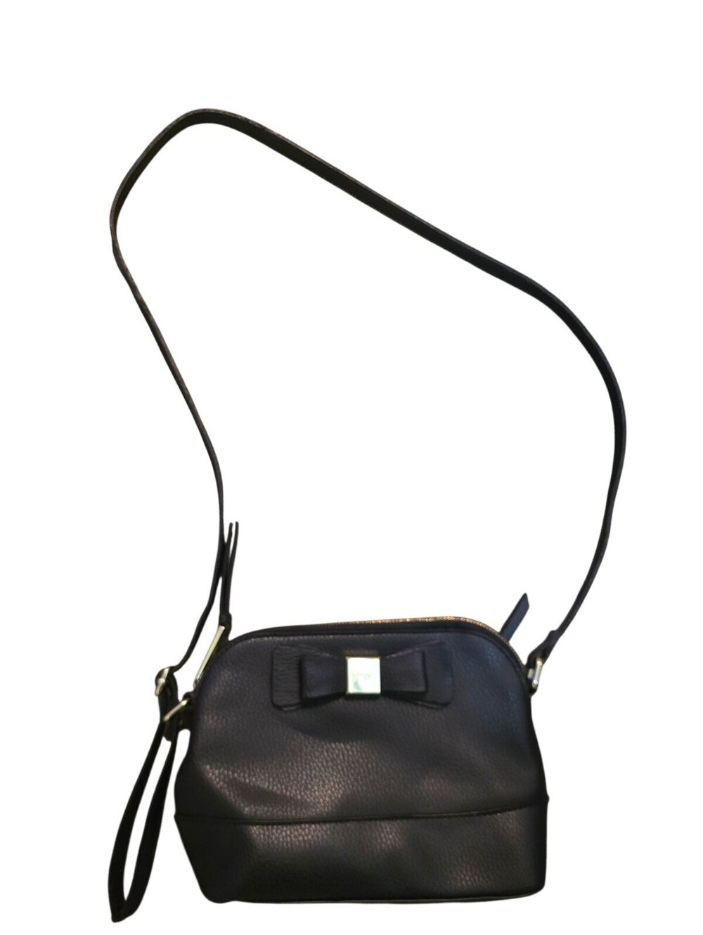 Jessica Simpson Black Faux Leather Crossbody Camera Bag Bow Leopard Lining